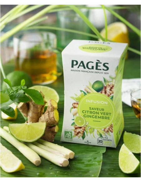 Infusion Bio Citron Vert Gingembre Pagès - 20 Sachets - Café