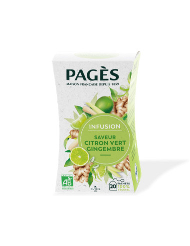 Infusion Bio Citron Vert Gingembre Pagès - 20 Sachets - Café